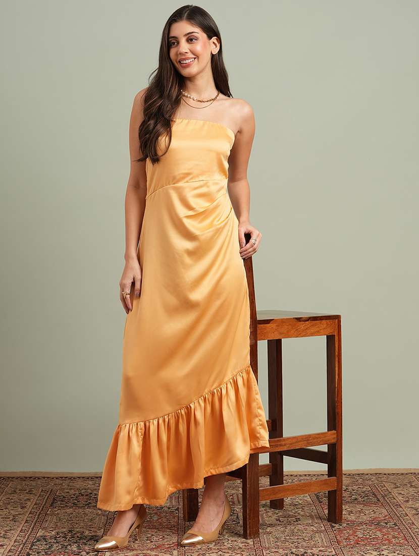 globus women yellow off-shoulder solid pleated & ruffle detail satin a-line maxi party dress