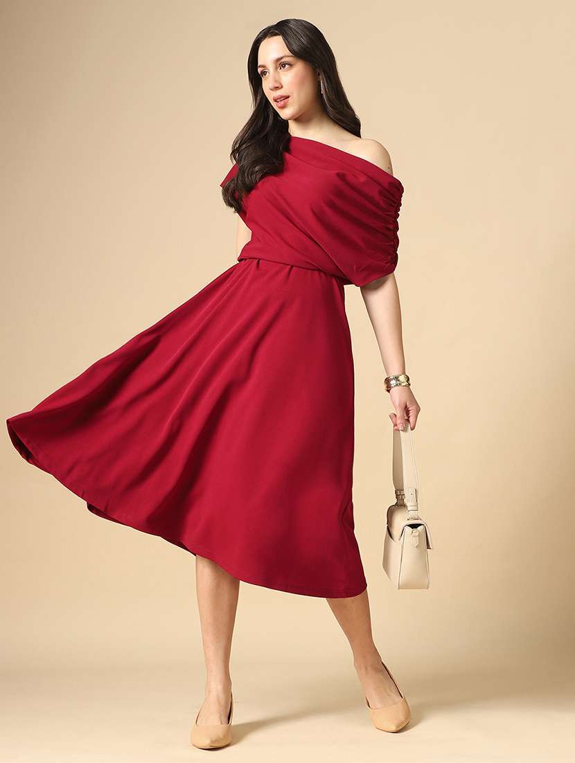 women solid single shoulder fit & flare dress - 22085209 - Zoom Image - 0