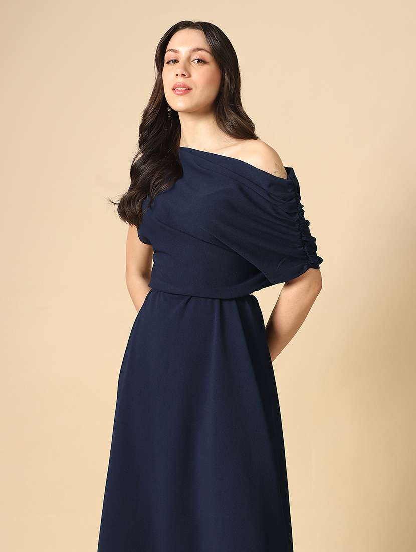women solid single shoulder fit & flare dress - 22085210 - Standard Image - 3