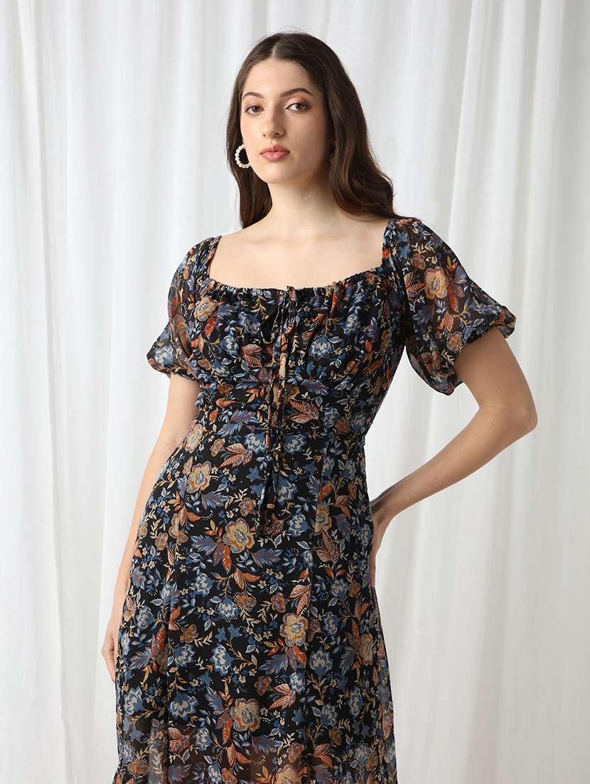 women printed puff sleeve a-line dress - 22085212 - Standard Image - 3