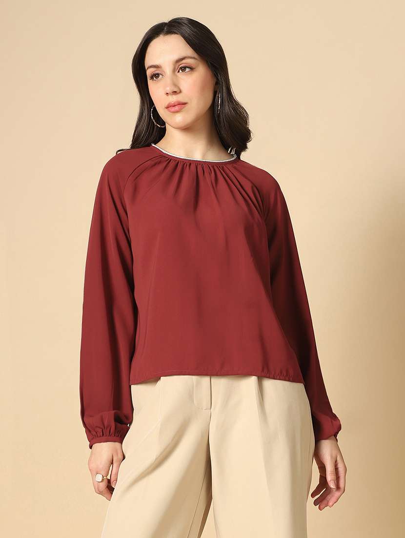 globus women maroon embellished jewel neck raglan sleeves pleated georgette party top