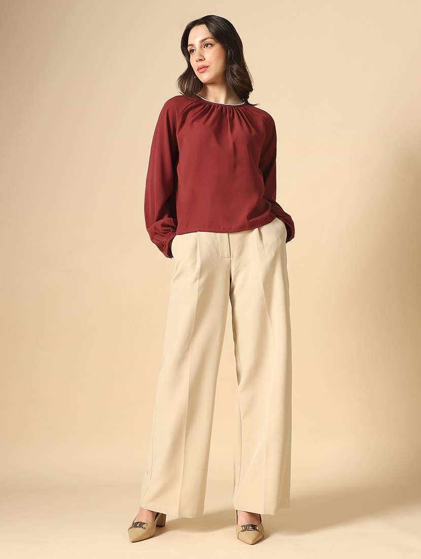 globus women maroon embellished jewel neck raglan sleeves pleated georgette party top - 22085214 -  Standard Image - 3