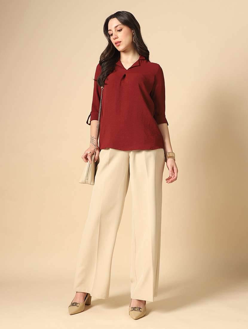 globus women maroon cuban collar roll up sleeves shirt style workwear shirt - 22085215 -  Standard Image - 3