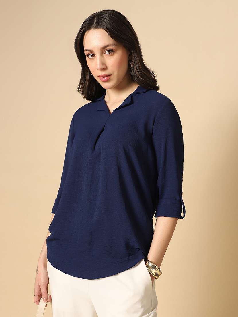 globus women navy blue cuban collar roll up sleeves shirt style workwear shirt