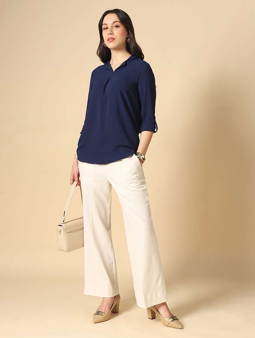 globus women navy blue cuban collar roll up sleeves shirt style workwear shirt - 22085216 -  Standard Image - 3