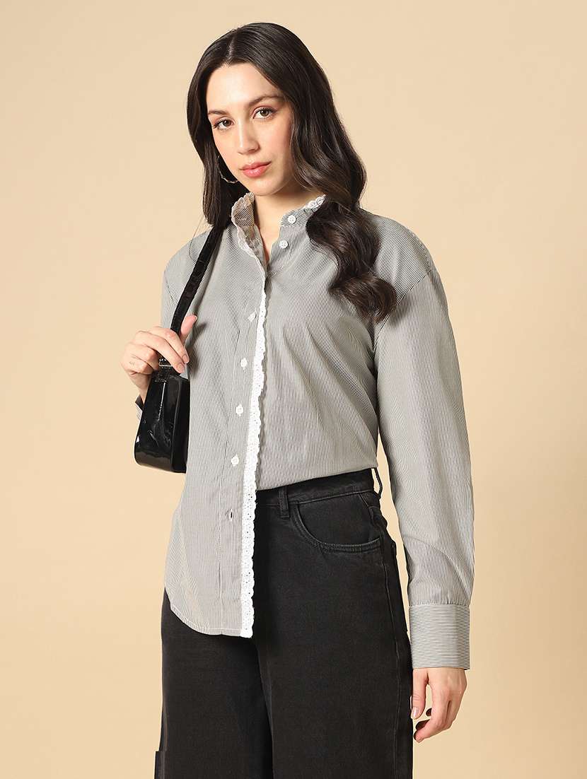 women striped mandarin collar long sleeve oversized shirt