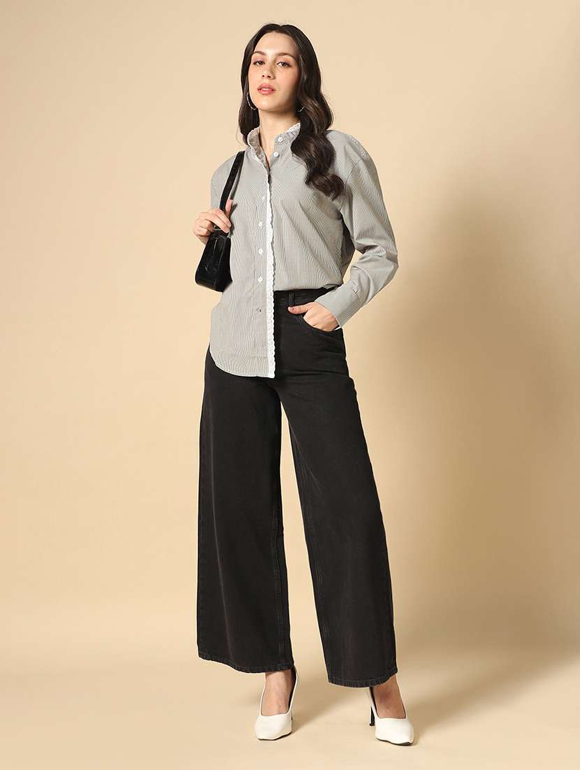 women striped mandarin collar long sleeve oversized shirt - 22085219 - Standard Image - 3