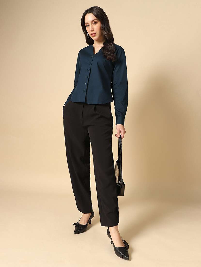 globus women navy blue v-neck cuffed sleeves solid curved hem workwear shirt - 22085221 -  Standard Image - 3