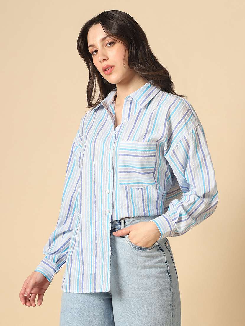 globus women blue collared neck cuffed sleeves multi stripes patch pocket curved hem oversized shirt - 22085223 -  Zoom Image - 0