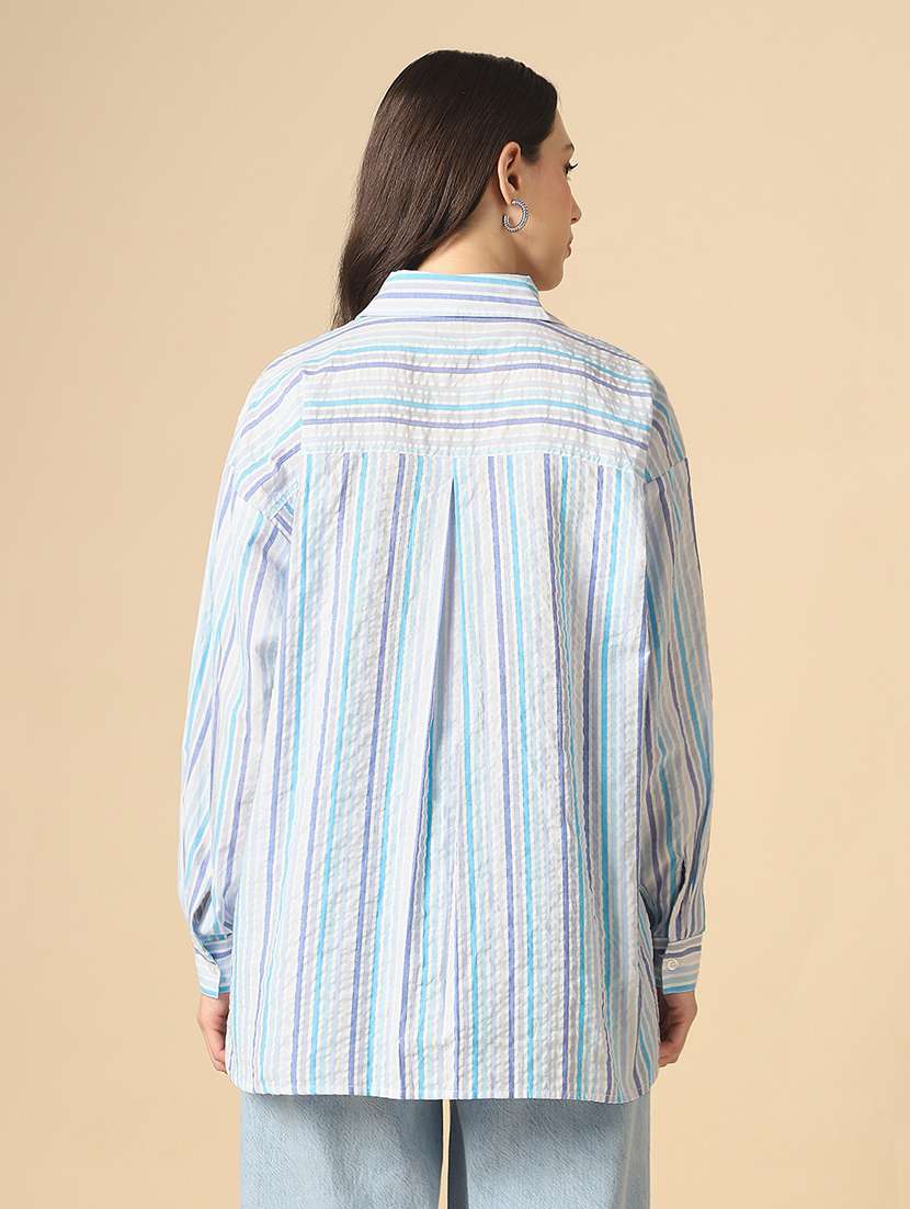 globus women blue collared neck cuffed sleeves multi stripes patch pocket curved hem oversized shirt - 22085223 -  Standard Image - 3