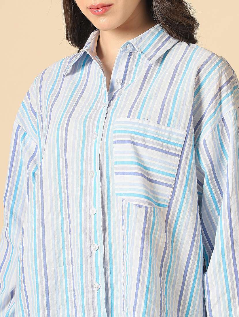 globus women blue collared neck cuffed sleeves multi stripes patch pocket curved hem oversized shirt - 22085223 -  Standard Image - 5