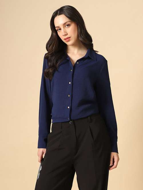 women solid collared long sleeve shirt - 22085224 -  Standard Image - 0