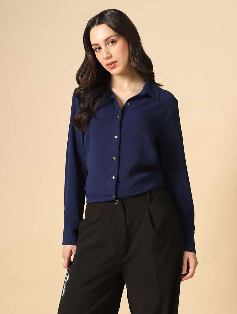 women solid collared long sleeve shirt