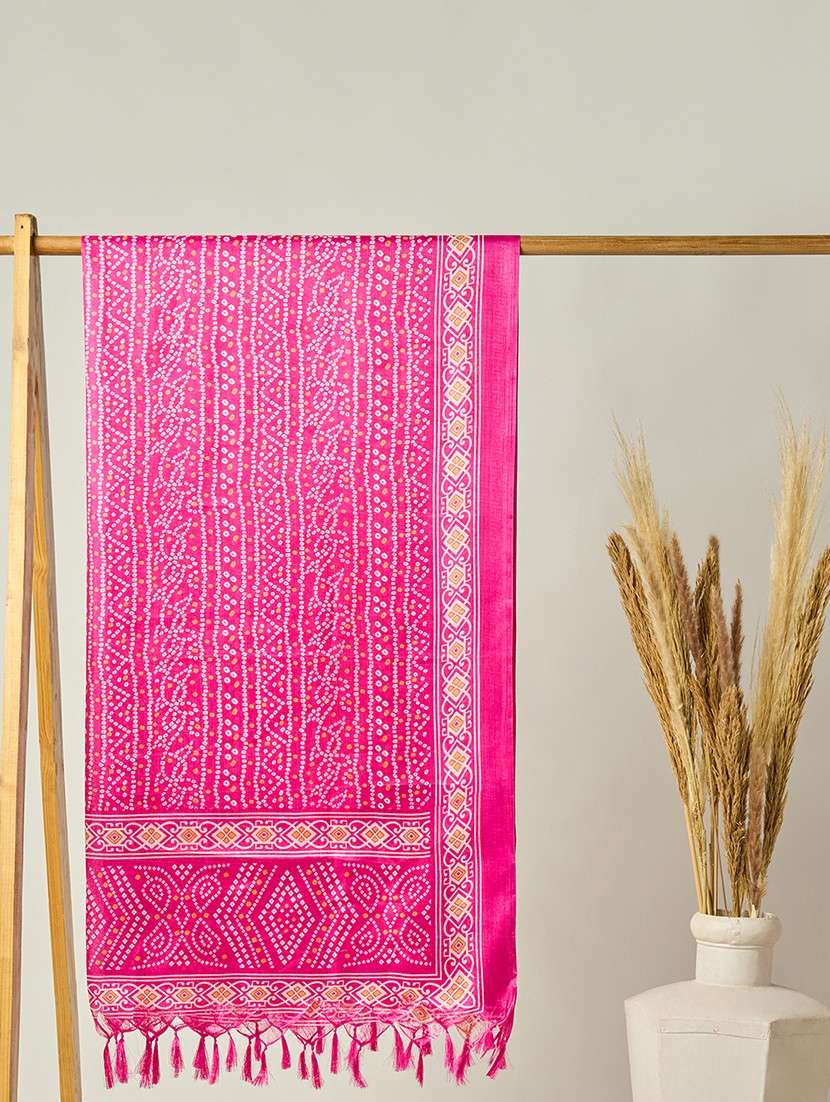 globus women pink bandhani print silk tasselled border dupatta