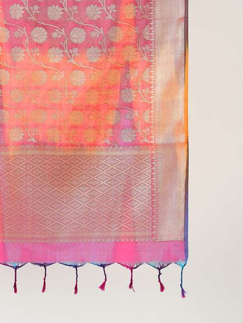 globus women pink floral woven design silk tasselled border festive dupatta - 22085227 -  Standard Image - 0