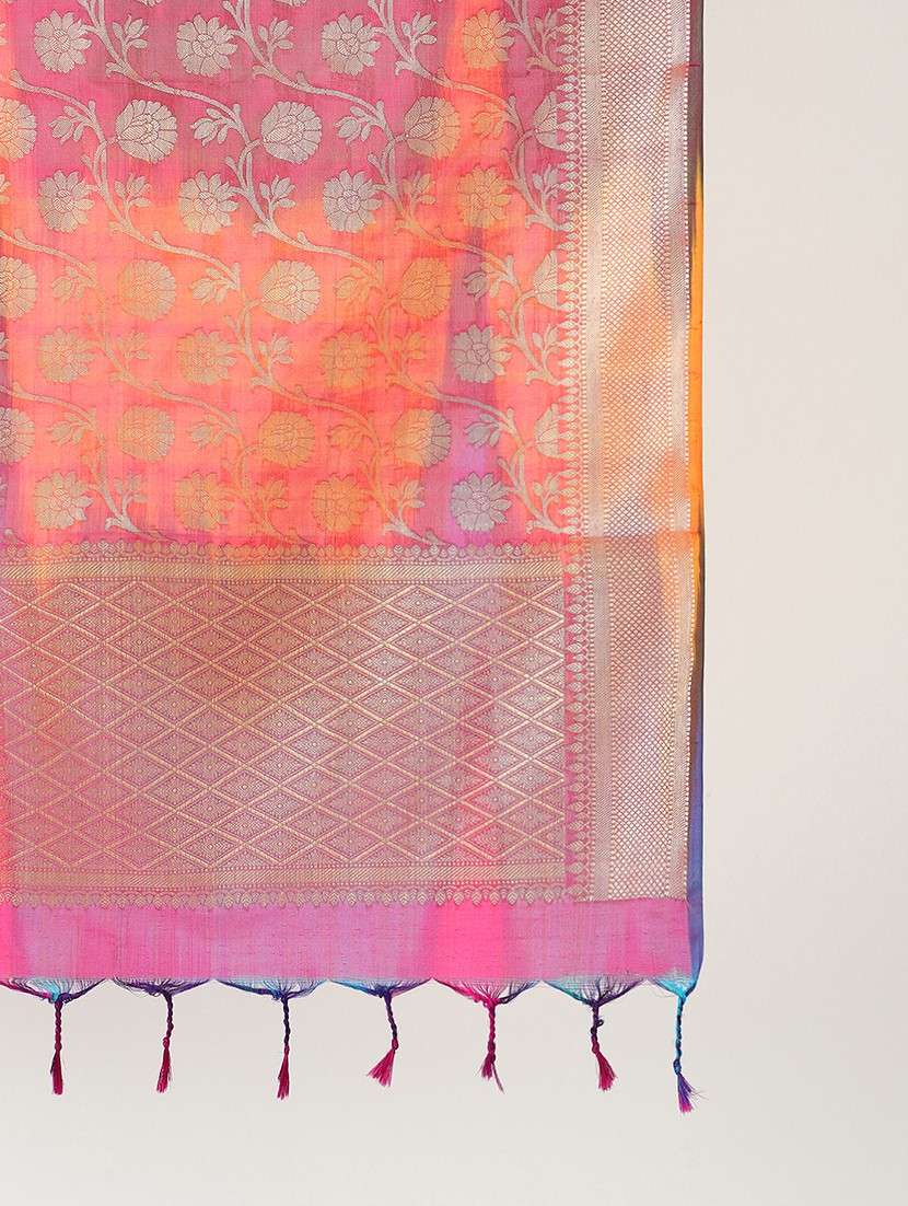globus women pink floral woven design silk tasselled border festive dupatta