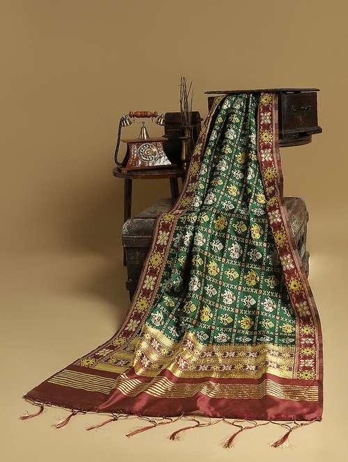 globus women green patola woven design silk tasselled border festive dupatta - 22085233 -  Standard Image - 0