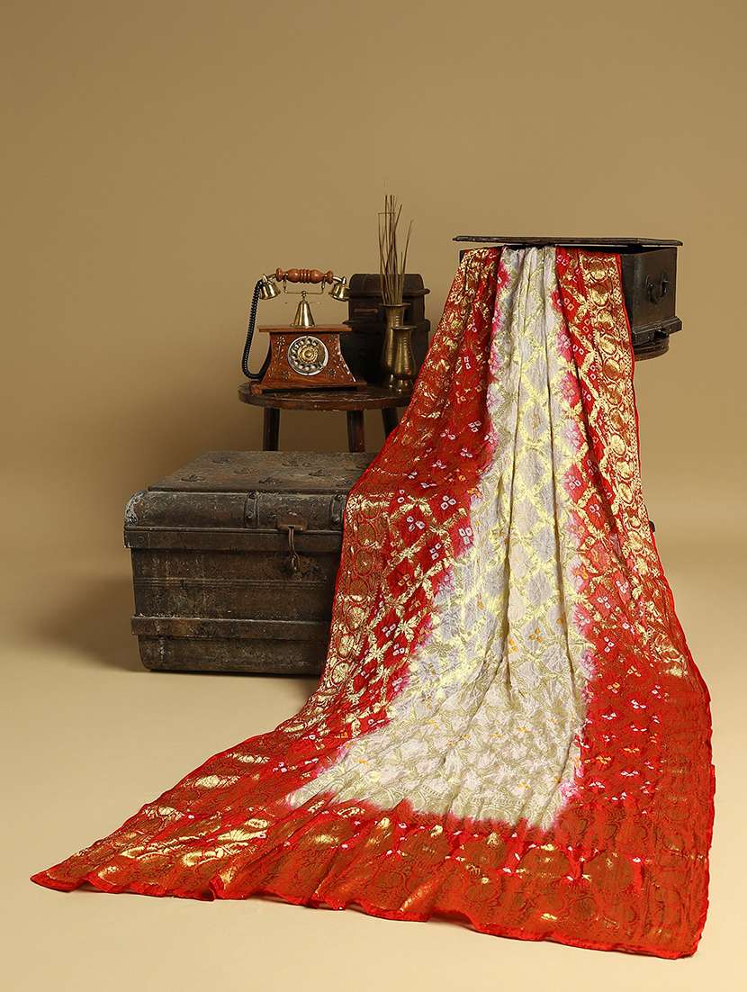 globus women off white bandhani print silk woven design border festive dupatta