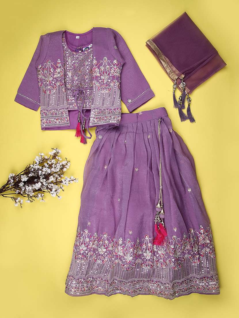 girls solid with work sleeveless lehenga choli set