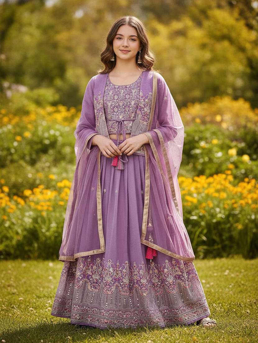 girls solid with work sleeveless lehenga choli set