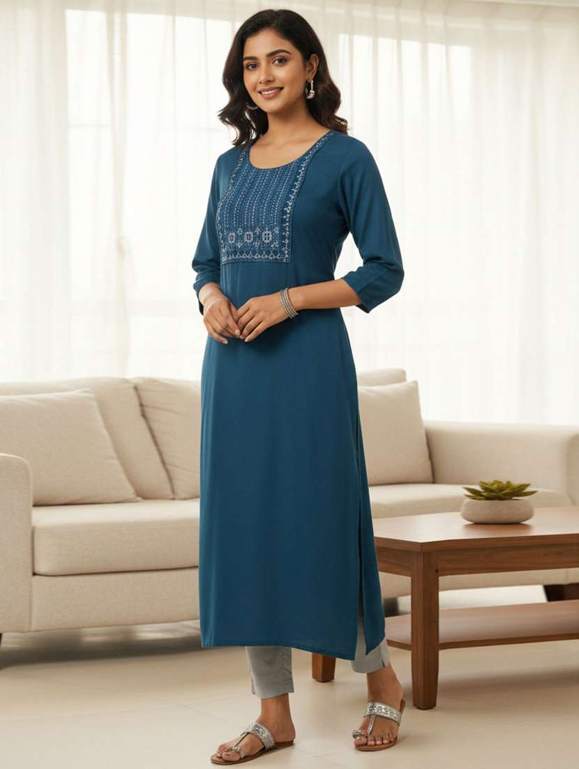 women embroidered three quarter sleeve straight kurti