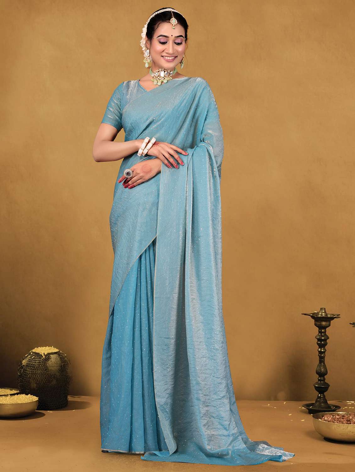 women solid with work embellished saree with blouse