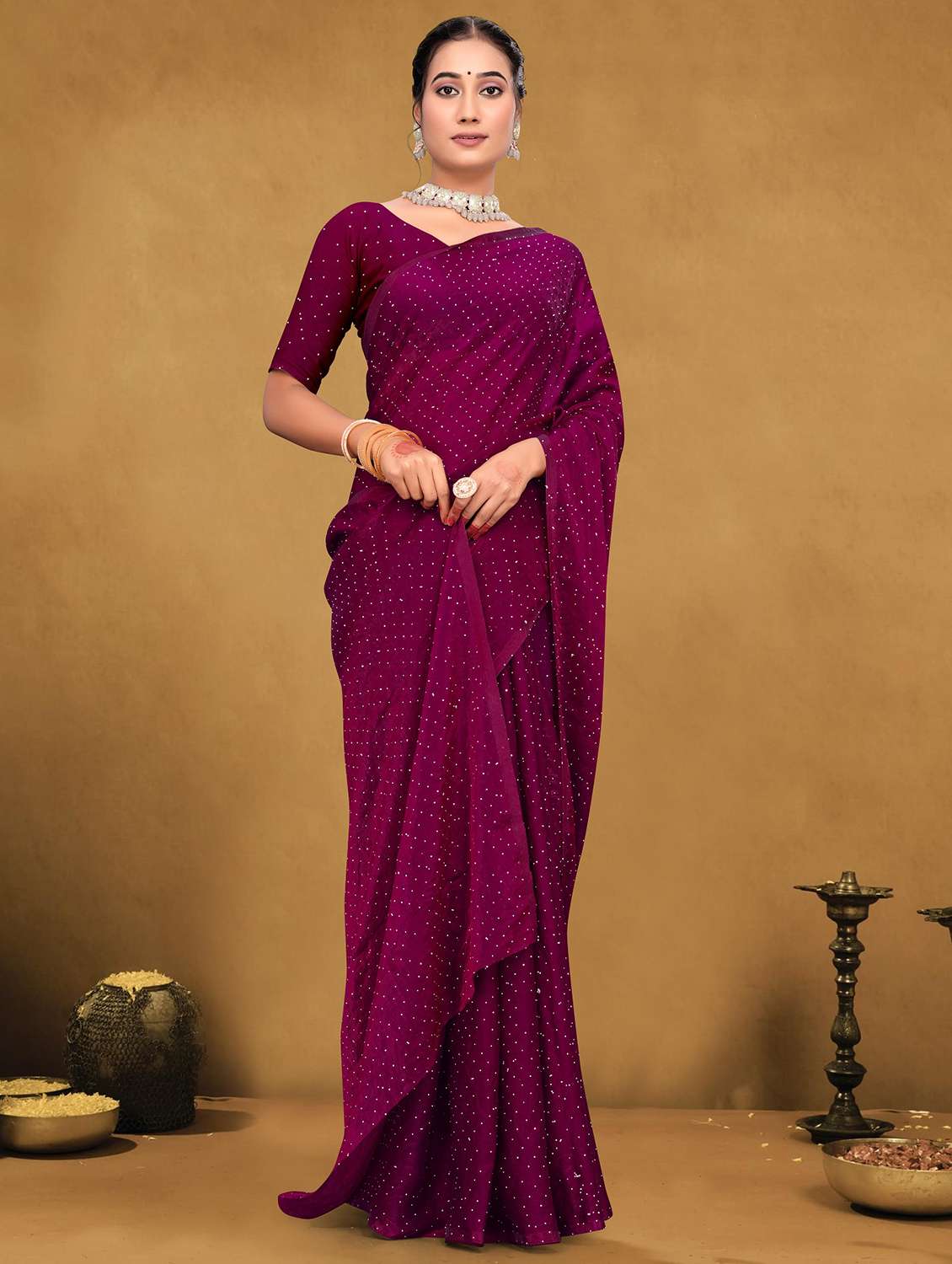 women solid with work embellished saree with blouse