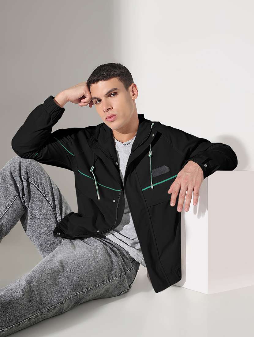 men solid long sleeve hooded casual jacket