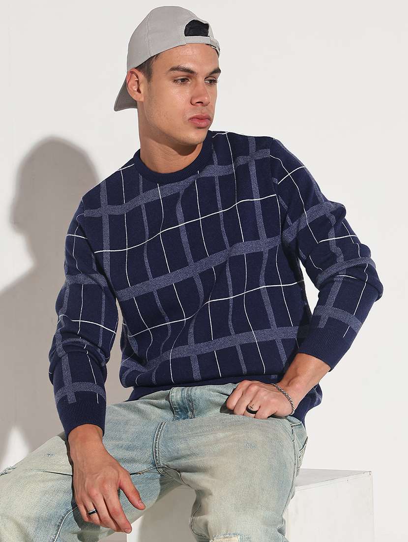 men checkered long sleeve regular fit pullover
