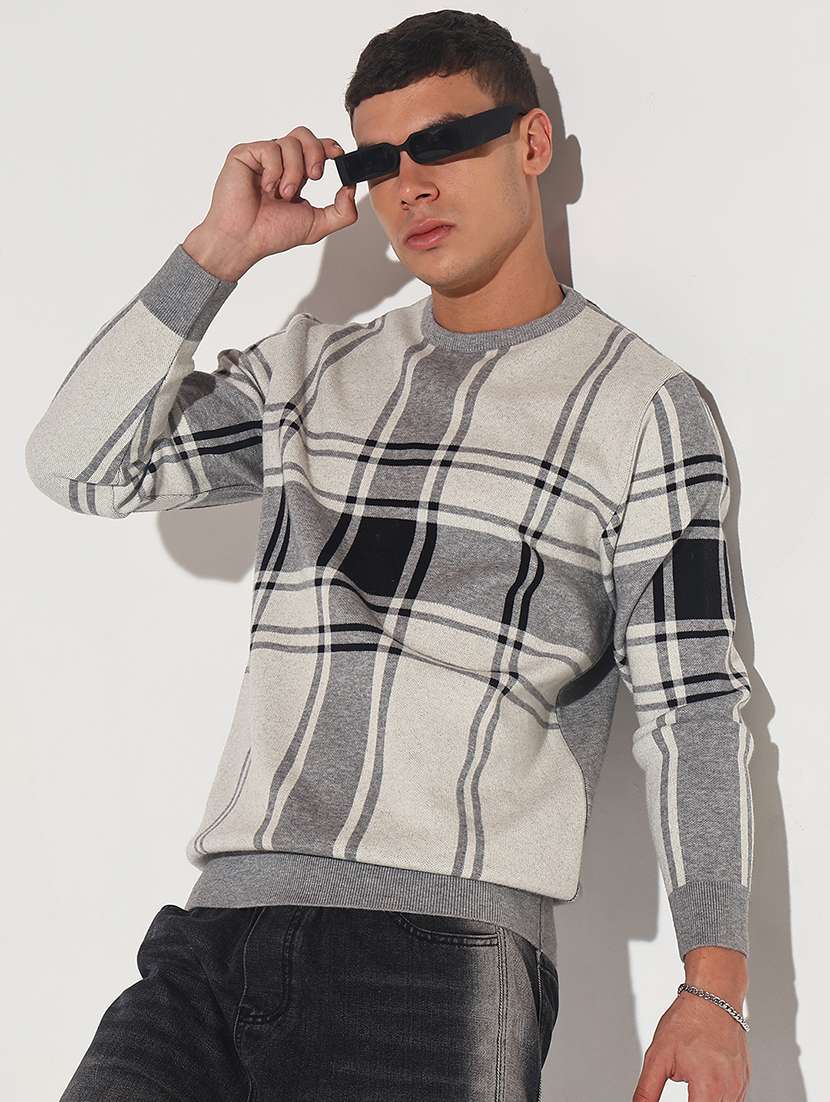 men checkered long sleeve regular fit pullover