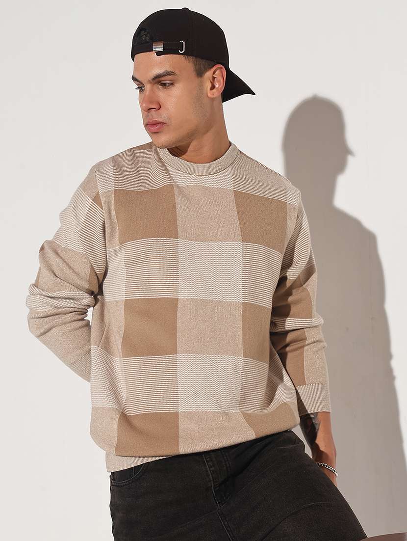 men checkered long sleeve regular fit pullover
