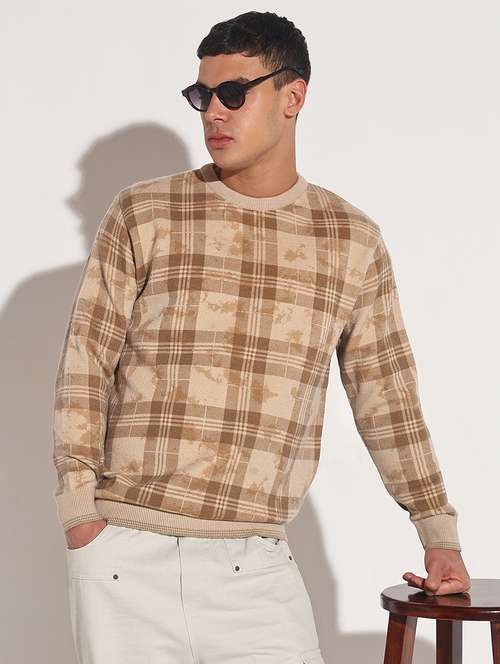 men checkered long sleeve regular fit pullover