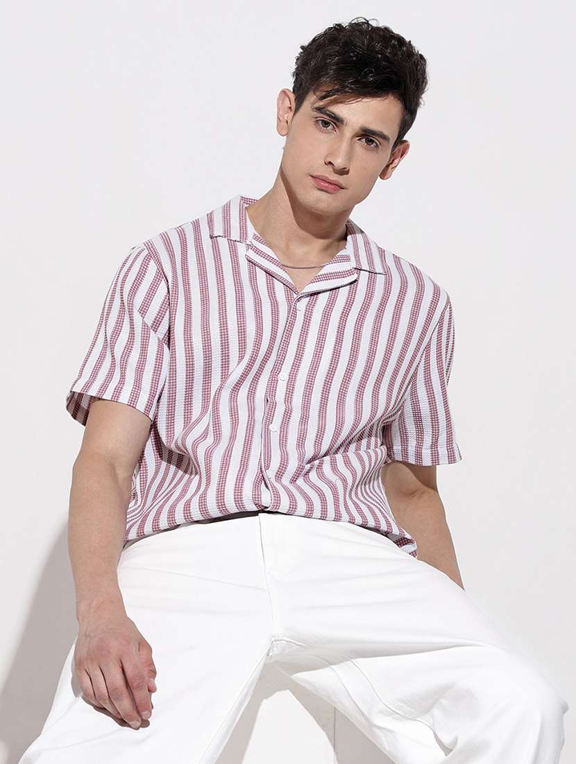 men striped short sleeve loose fit casual shirt