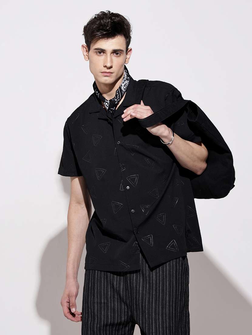 men geometric short sleeve loose fit casual shirt