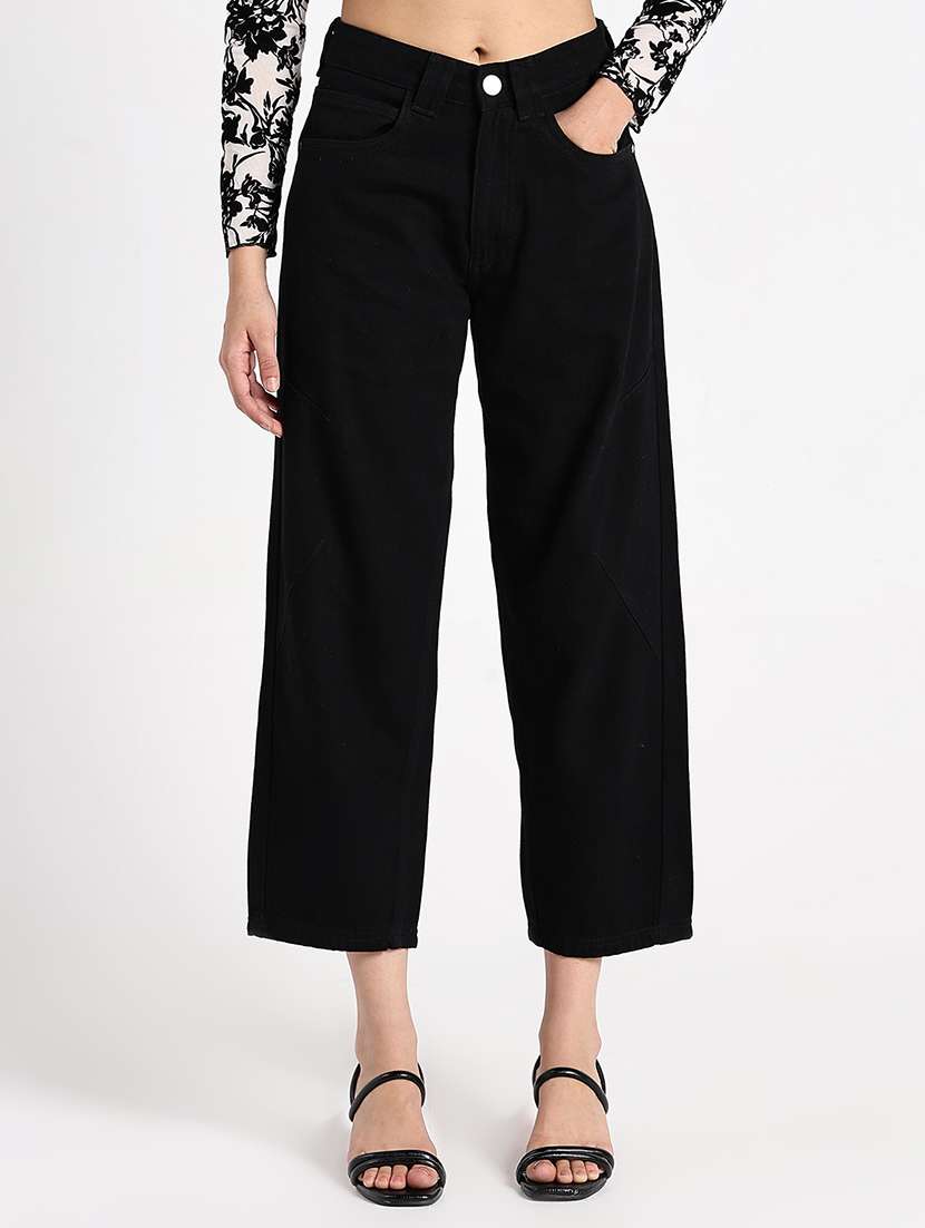 women solid mid rise wide leg jean