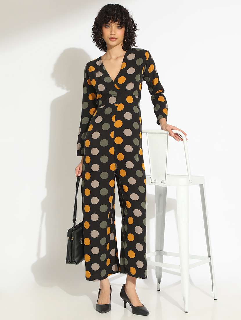 women black polka doted long sleeve jumpsuit