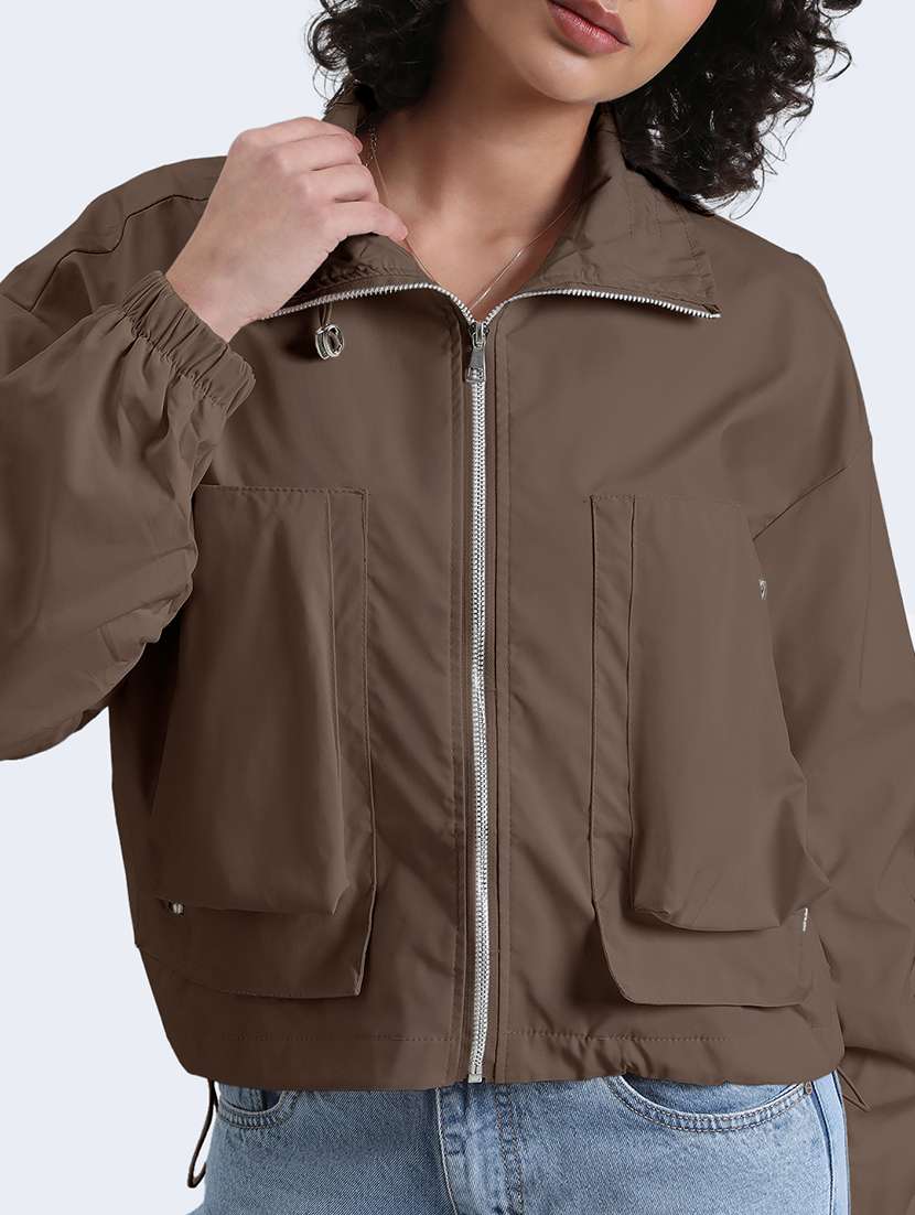 women solid long sleeve cropped biker jacket - 22086217 - Standard Image - 5