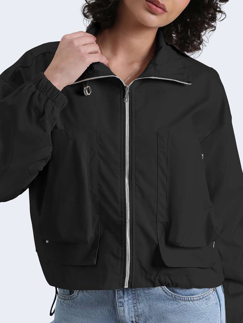 women solid long sleeve cropped biker jacket - 22086218 - Standard Image - 5