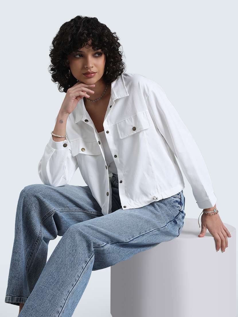 women white solid long sleeve collared regular jacket - 22086220 - Zoom Image - 0
