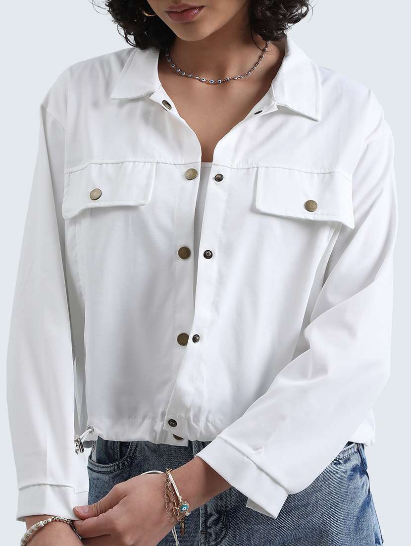 women white solid long sleeve collared regular jacket - 22086220 - Standard Image - 5