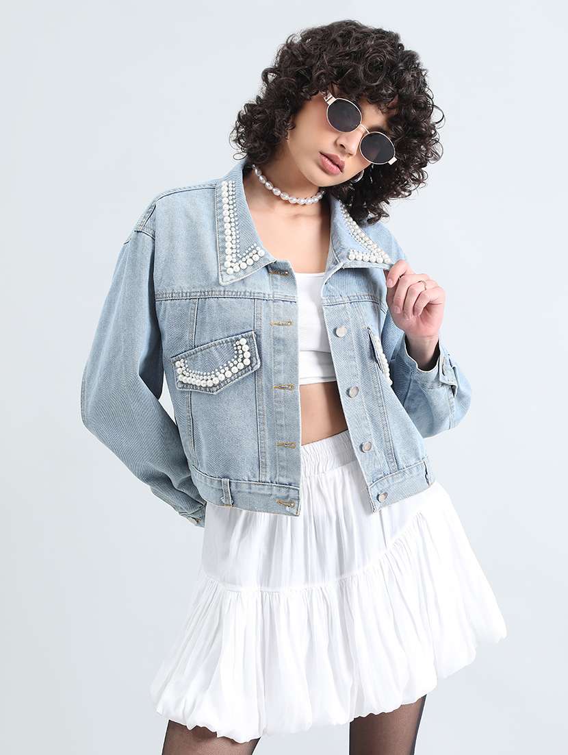women embellished long sleeve cropped denim jacket