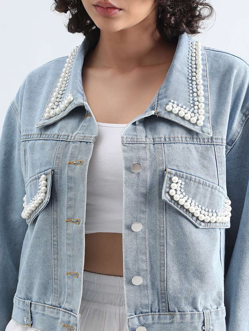 women embellished long sleeve cropped denim jacket - 22086221 - Standard Image - 5
