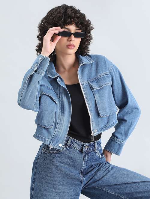 women solid long sleeve cropped denim jacket - 22086222 -  Standard Image - 0