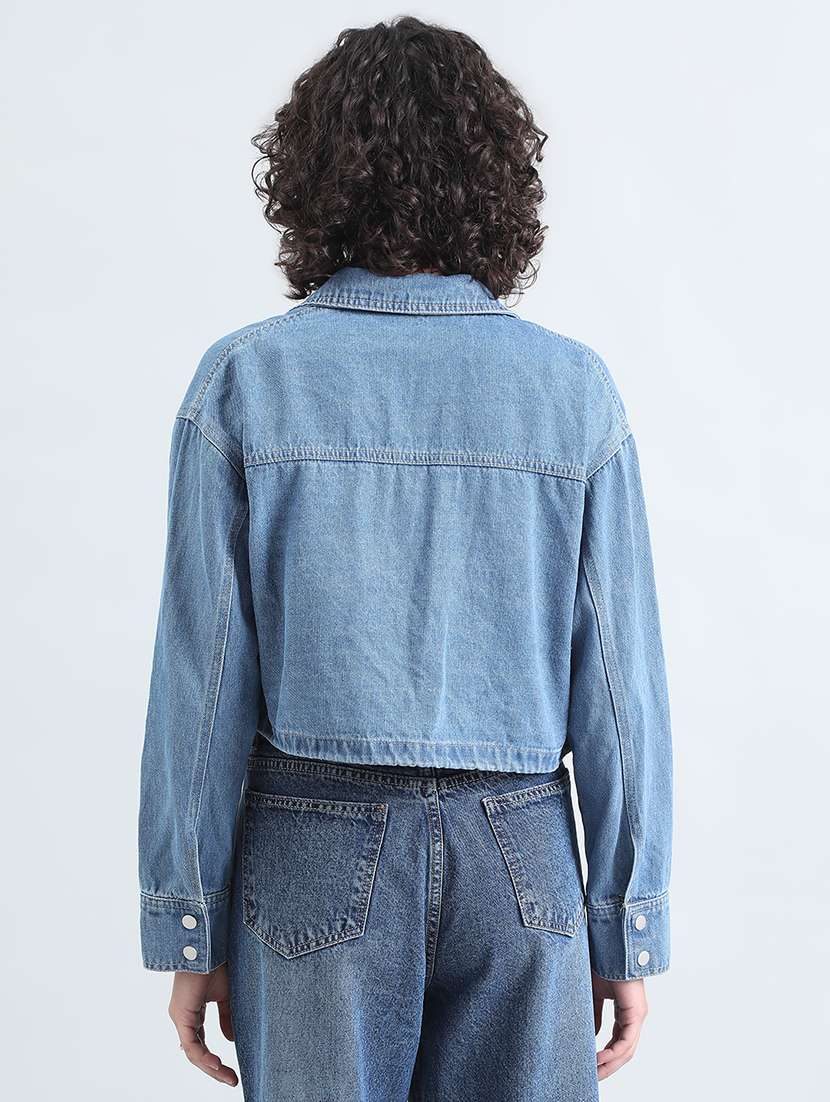 women solid long sleeve cropped denim jacket - 22086222 -  Standard Image - 3