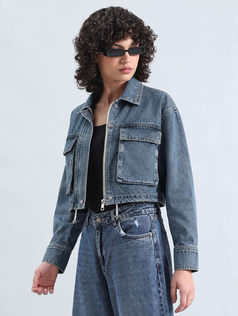 Women Solid Long Sleeve Cropped Denim Jacket - 22086222 -  Standard Image - 3