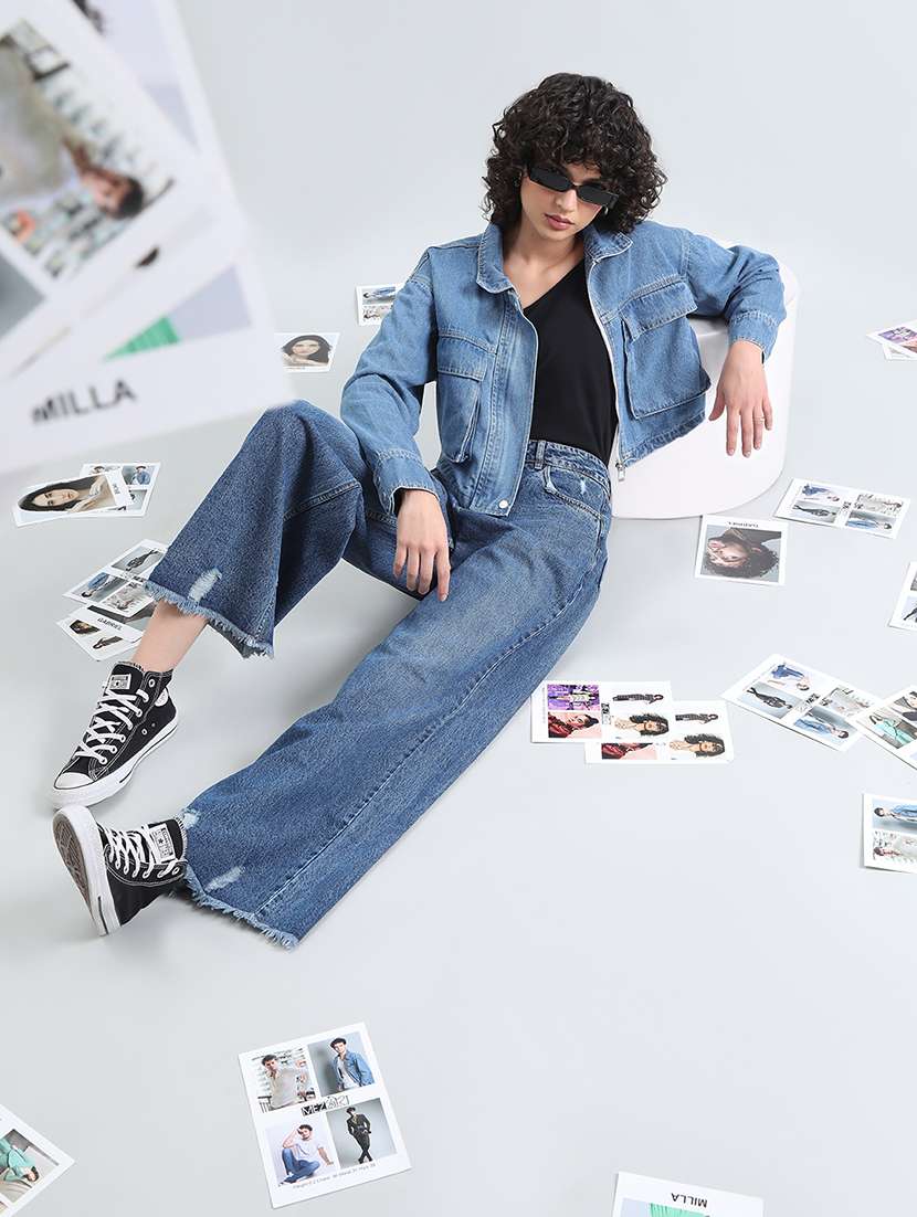 women solid long sleeve cropped denim jacket - 22086222 -  Standard Image - 5