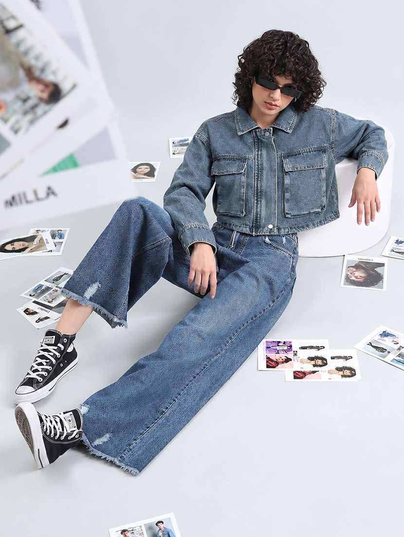 Women Solid Long Sleeve Cropped Denim Jacket - 22086222 -  Standard Image - 5