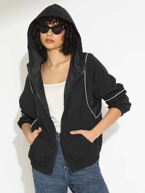 women black solid long sleeve hooded bomber jacket - 22086223 -  Standard Image - 0