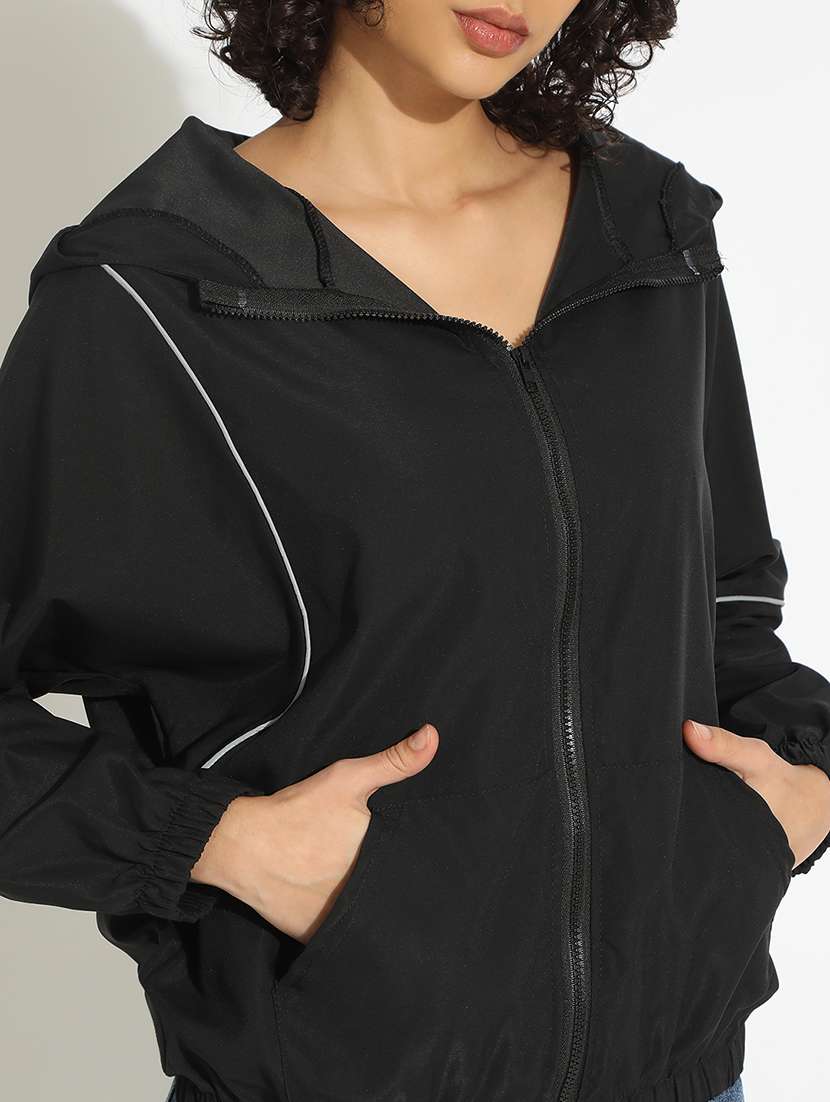 women black solid long sleeve hooded bomber jacket - 22086223 -  Standard Image - 5