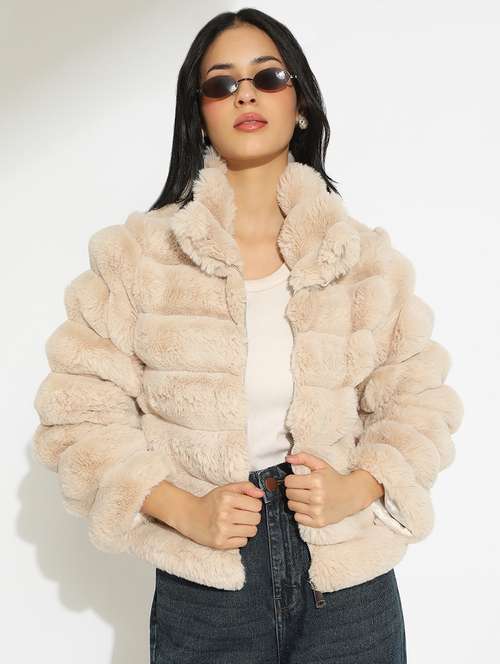 women solid long sleeve faux fur jacket - 22086224 - Standard Image - 0